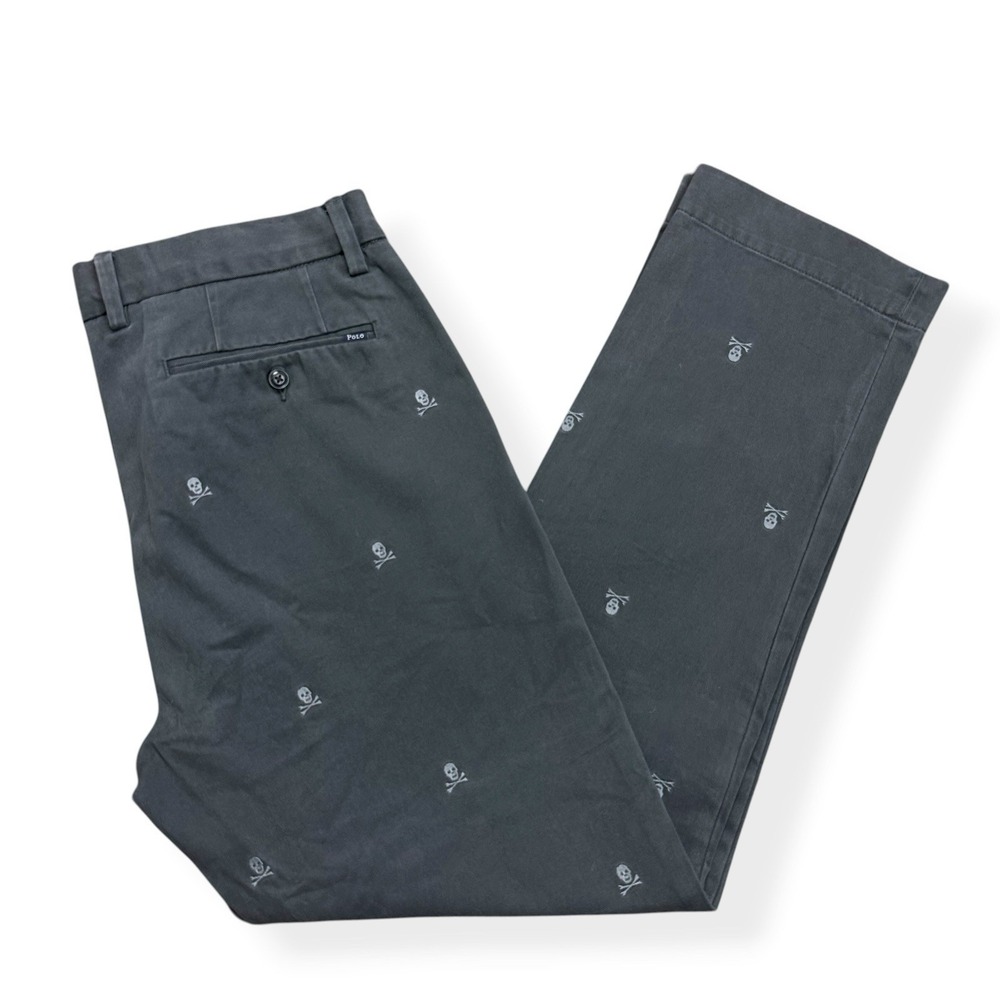 Polo Ralph Lauren Skull Embroidered Chino Pants 35x30 Slim Fit Gray Preppy Rare